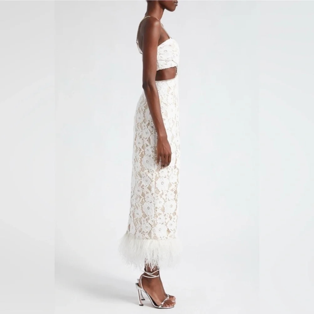 Likely Sarah Cutout Lace Feather Trim Maxi Dress